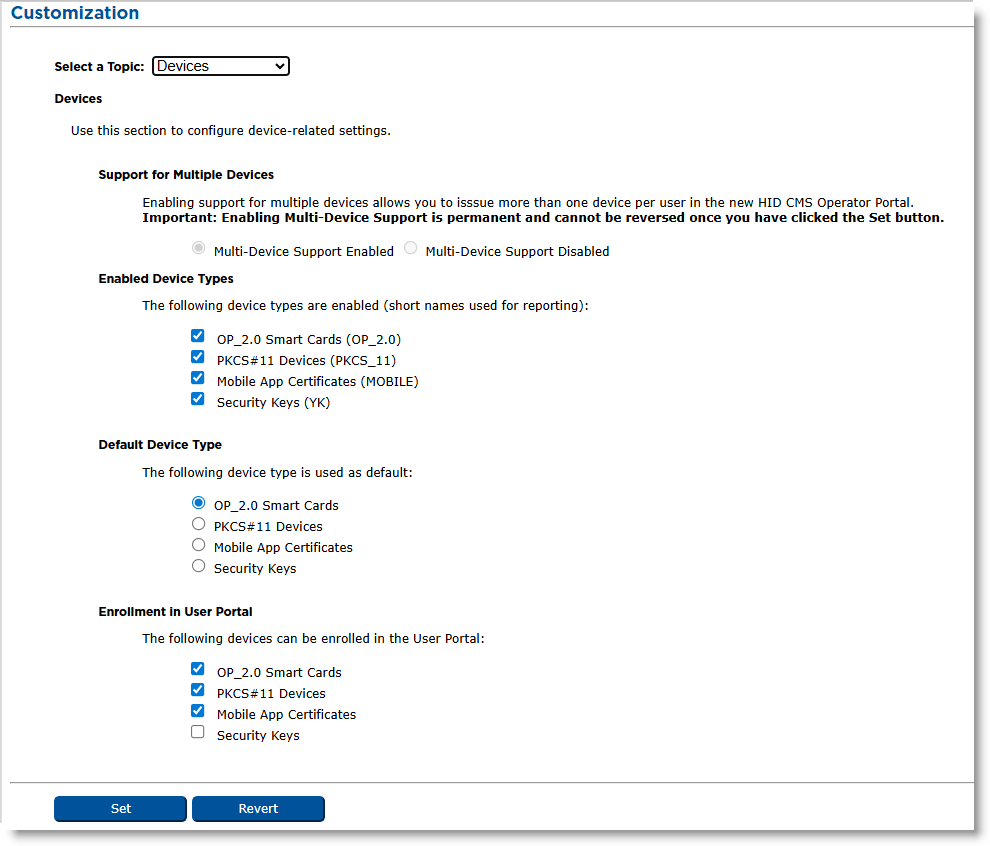 Customization page of Configuration tab with Devices topic selected and various options to set